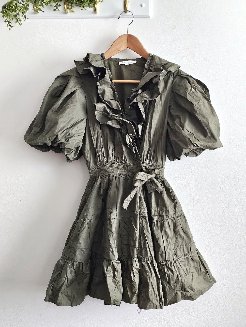 Love the Label Olive Green Tiered Ruffle Mini Dress Puff Sleeve Tie Waist Cotton